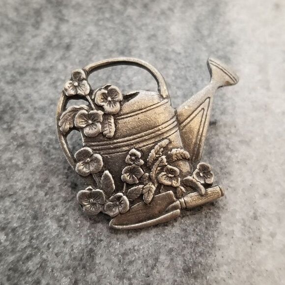 Vintage Birds and Bloom Watering Can and Flowers Brooch Lapel Pin - Picture 1 of 6